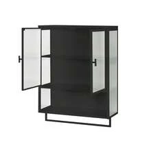 60CM Glass Doors Modern Two-Door Wall Cabinet With Featuring Two-Tier Enclosed Storage, An Open Shelf, And Towel Rack, For Entryway Living Room Bathroom Dining Room,Black - 黑色 - 查看 5