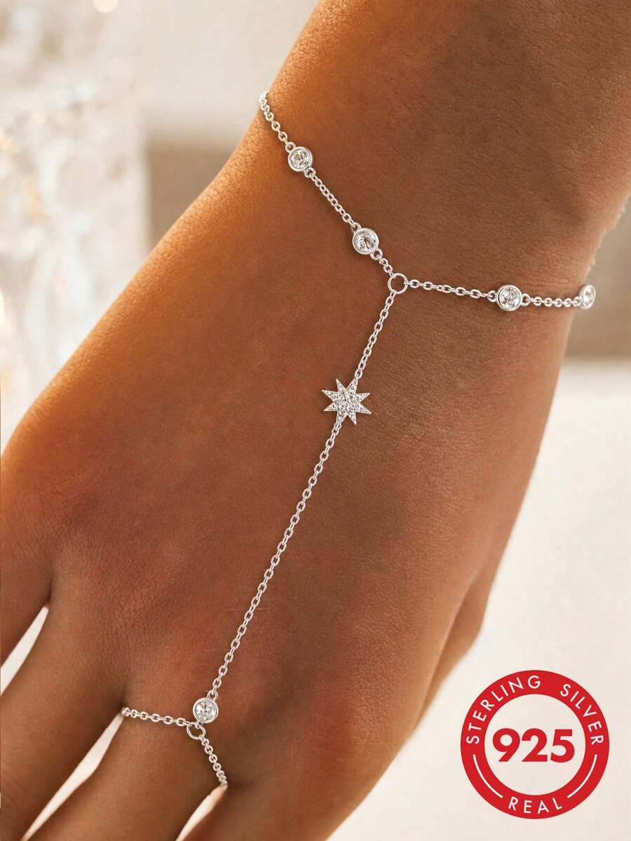 1pc S925 Sterling Silver Personalized Eight-Pointed Star Connected Finger Bracelet For Women, Minimalist Design One-Piece Hand Jewelry, Fashionable Light Luxury Photogenic Atmosphere Fine Chain, Suitable For Daily Wear, Dating, Romantic Date Gift - Four Leaf Clover - View 1