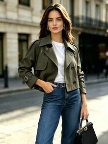 Women's Short Trench Coat, Fashion Collar Long Sleeve Button Detail Jacket, Non-Stretch Woven Fabric, Suitable For Spring And Autumn - Army Green - View 8