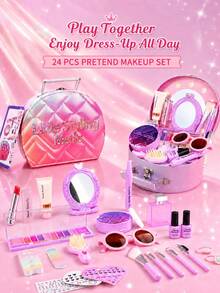 1 Set Little Girl Dress-Up Makeup Toy Set, Princess Gradient PU Grid Handbag, 24pcs Simulated Makeup Set, Girls Stage Performance Role Play Toy, Suitable For 3-6 Years Old Girls, Includes Comb, Glasses, Lipstick, Perfume, Mirror, Etc., Christmas Birthday Gift, Not Real Makeup - Jewelry Set - View 8