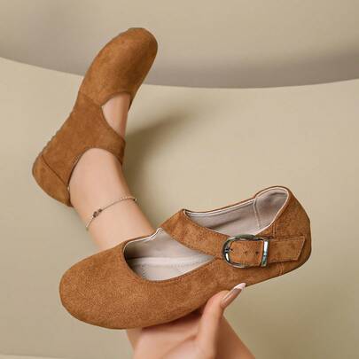 Vintage Women's Round Toe Mary Jane Flat Shoes, Brown Faux Suede Hollow Design, With Adjustable Metal Buckle, Versatile Daily Walking Flat Shoes