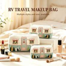 Cottagecore Faux‑Embroidery Quilted Cosmetic Bag Camping Bus Print Portable Toiletry Bag,Multi‑Use For Small Item Storage,School & Travel Essentials - Multicolor - View 5