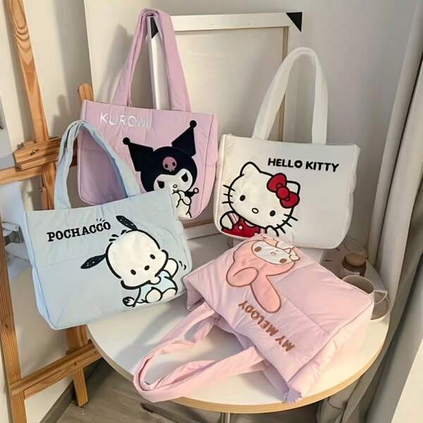 Asmodee Hello Kitty Tote Bag Sanrio Cartoon Character Large Capacity Shoulder Bag Women's Cute Kawaii Tote Bag Durable Girls Gift School Work Shopping