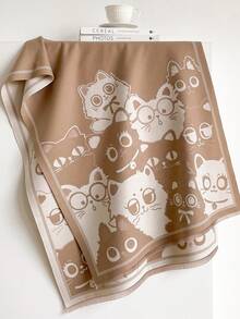 1pc Multi‑Cat Character Motif Stripe Border 65*185cm Rectangle Scarf, Thick Faux Cashmere Brushed Polyester Winter Shawl For Travel Party Daily Outing - Multicolor - View 10