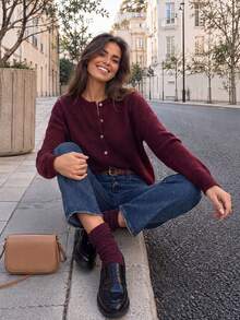 Women Fall Elegant Casual Red Knit Round Neck Button Up Long Sleeve Cardigan For Vacation Office Going Out - Dark Red - View 1