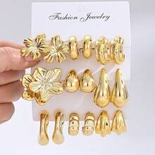18pcs 9 Pairs Gold Tone Stainless Steel Stud Earrings Set For Women, Geometric Flower Shell Heart Earrings, Daily Vacation Party Jewelry - Gold - View 12