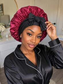 Double Layer Satin Bow Hair Bonnet, Women's Wide Brim Elastic Sleep Cap, Reversible Silky Night Cap, Protects Curly Hair, Suitable For Sleep And Daily Use - Multicolor - View 6