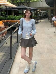 Women's 2 In 1 Patchwork Button Design Long Sleeve T-Shirt, Autumn Base Layer Top - Blue - View 8