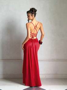 Vestido de fiesta rojo de verano con espalda descubierta, volantes y cuello cuadrado, elegante, adecuado para citas, vacaciones y playa - Rojo - Ver 7