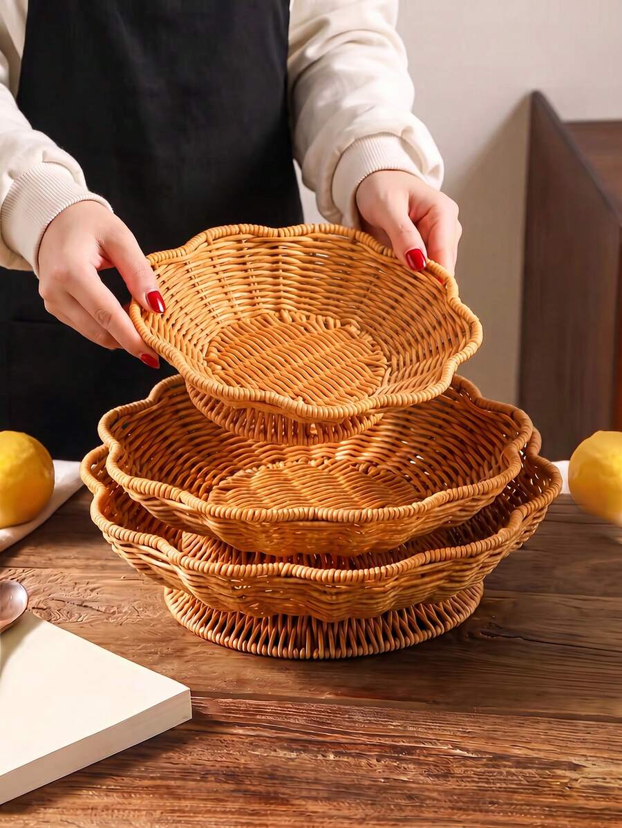 1 buah/3 buah Baki Anyaman Plastik Gaya Rotan, Keranjang Penyimpanan Buah & Camilan, Keranjang Roti & Kue, Wadah Sajian Kentang Goreng, Keranjang Pengatur Meja Dapur, Keranjang Piknik Portabel, Tempat Penyimpanan Meja untuk Penggunaan Sehari-hari di Rumah dan Restoran