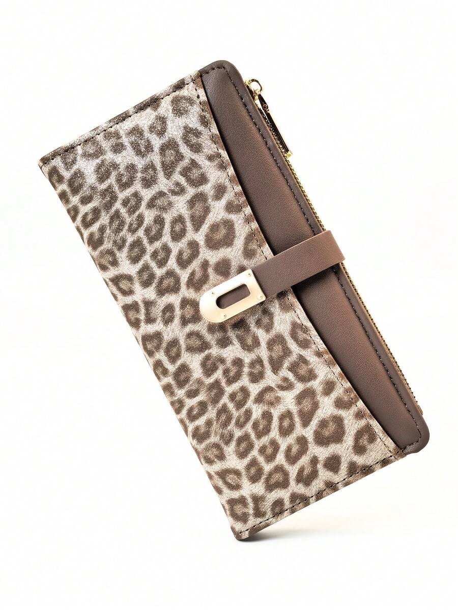 Women's Long Colorblock Patchwork Wallet, Fashion Leopard & Tree Pattern Multifunctional ID Card Holder, Exquisite Fashion Snap Closure Large Capacity Zipper Card Holder Coin Purse For Young Students, Lightweight Portable Suitable For Holiday Gift - Maroon - View 1