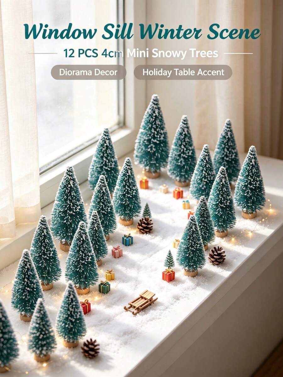 10/12pcs Mini Christmas Tree Artificial Christmas Tree Bottle Brush Tree Sisal Snow Tree With Wooden Base Christmas Decoration Party Home Desktop Handmade Decor - Blue-green - View 1