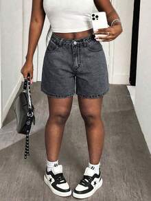 Women's Solid Color Pocket Button Casual Versatile Daily Wear Denim Shorts Summer - Grey - View 8