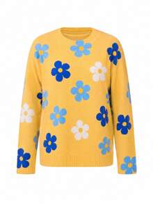 Women's Floral Print Ribbed Knit Pullover Sweater, Long Sleeve, Medium Stretch, Suitable For Autumn/Winter, Casual Fashion Autumn Style - Yellow - View 9
