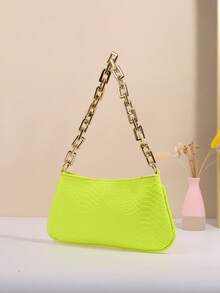 Tas Baguette Akrilik Motif Ular Kuning Fluorescent Cerah dengan Dekorasi Rantai Emas dan Tali Bahu - kuning neon - View 6