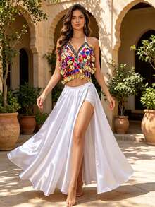V Neck Colorful Sequin Gold Pendant Halter Dance Crop Top Satin High Waist High Slit Flowy Maxi Dance Skirt Exotic Stage Performance Dance Wear - Multicolor - View 8