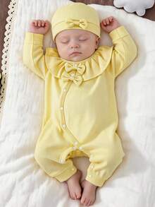 Baby Girl Soft & Breathable Jumpsuit, Pink, Round Neck, Long Sleeve, Ruffle Trim, Dual Bow Decor, Single-Breasted Design, All Season - Yellow - View 2
