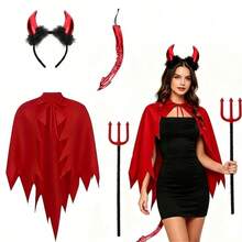 Red Devil 1/2/4 Piece Set, Halloween Female Devil Costume, Red Devil Horn Headband, Red Cape, Decorative Tail, Trident, Adult Role Play Outfit, Suitable For Halloween, Masquerade, Cosplay, Stage Performance, Costume Party And Other Themed Events - Multicolor - View 8