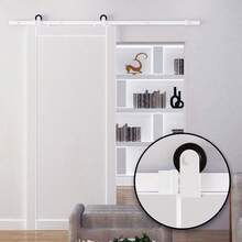 Sistema de Puerta Corredera para Puerta Simple, Riel de Deslizamiento con Accesorios, Acero al Carbono, Negro, 183x0.6x18cm, Instalación en Lugar - Blanco + Acero - Ver 4