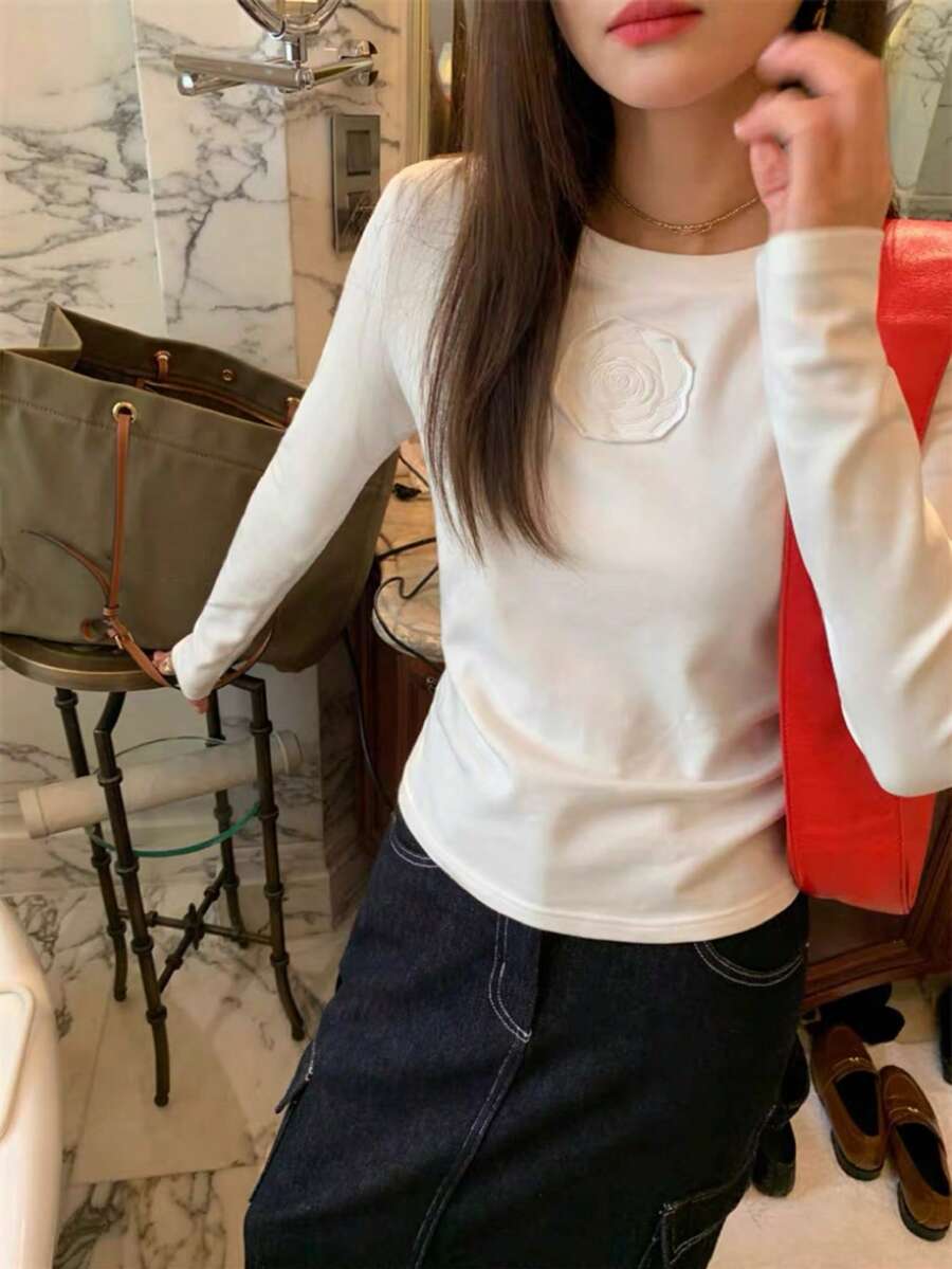 女款長袖T恤新式底層上衣,秋冬內著,可作為外衣穿著,設計感十足 - 白色 - 查看 1