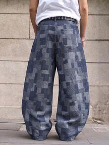 1Pc Men's Retro Blue Wash Mosaic Checkered Jacquard Baggy Wide Leg Jeans - Blue - View 2
