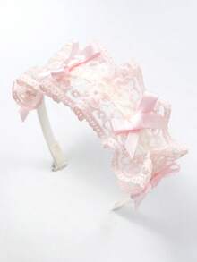 1件粉色蝴蝶結蕾絲飾邊髮箍，優雅百搭甜美公主風髮飾，Lolita髮箍配件，生日禮物首選 - 粉色 - 查看 7