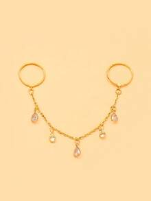 1pc Single Layer Geometric Rhinestone Pendant Double Finger Chain Ring For Women, Fashion Casual Rhinestone Pendant Connected Finger Ring, Versatile Daily Wear Ring - Gold - View 5