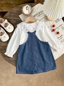 Infant Girl Cherry Denim Overall Dress 2 Pieces Set, Double Layer Hollow Lace Large Collar Petal Sleeve Inner Shirt, Heart Pocket Embroidered Overall Dress Set - White - View 2