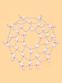 outingfit 1pc Vintage Pearl Hair Chain Hollow Flower Hat Bridal Wedding Atmosphere Hair Accessory Headband - Silver - View 7