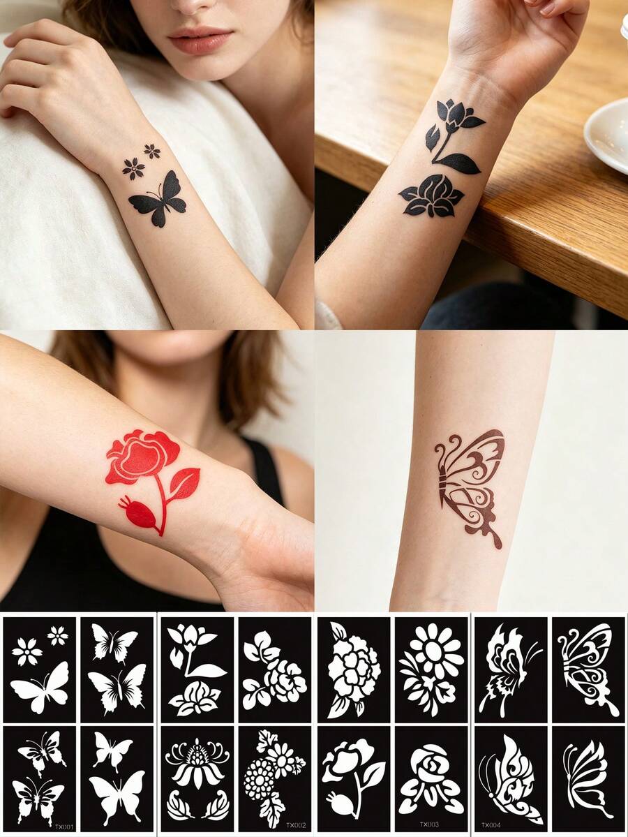 4pcs Ins Style Butterfly & Floral Henna Tattoo Stencils, Minimalist Flower & Butterfly Design, Reusable Hollow Stencil Stickers, Suitable For Daily Wear, Vacation, Music Festival, Party