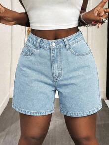 Celana Pendek Denim Bermuda Polos Wanita, Kasual Musim Panas, Gaya Santai - Light Wash - View 7