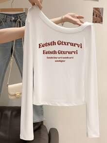 Sweet Cool Hot Girl Style Cold Shoulder T-Shirt, Artistic English Quote, Slim Fit Ruched Design, Atmospheric Top - White - View 1