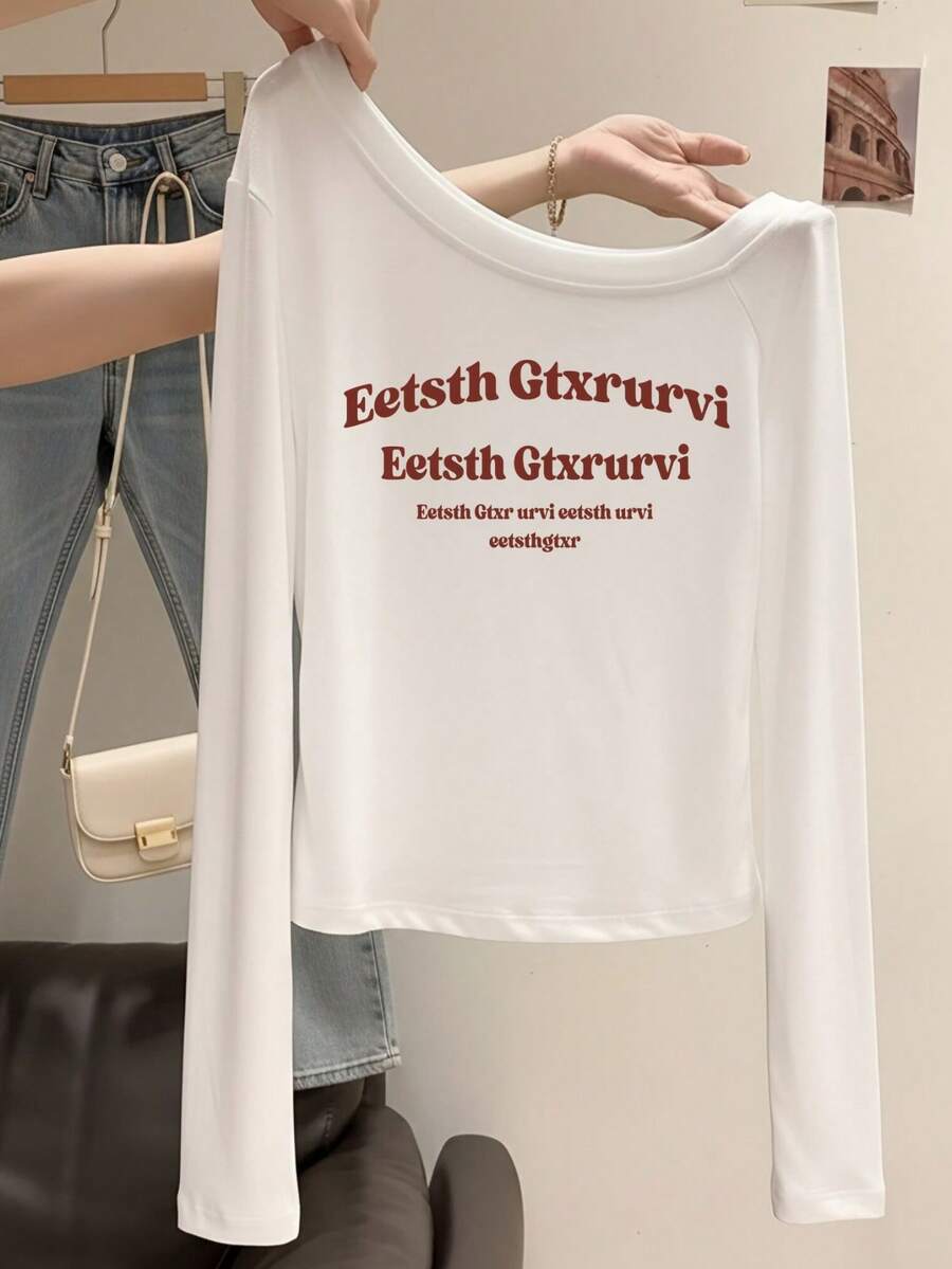 Sweet Cool Hot Girl Style Cold Shoulder T-Shirt, Artistic English Quote, Slim Fit Ruched Design, Atmospheric Top - White - View 1