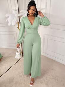AIJ Women Fall Green French Style V‑Neck Long Puff Sleeve Wide Leg Jumpsuit High Waist Pockets Elegant Formal Office Party Evening Fall Fashion Outfit - Bean Green - View 8