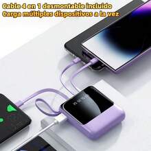 Mini batería externa multifuncional de 20000 mAh, tamaño de bolsillo, Carga lenta de 5W, cargador portátil recargable de gran capacidad y atractivo para teléfonos móviles, cable desmontable 4 en 1 integrado, luz LED dual ultrabrillante, batería externa imprescindible para viajes al aire libre, pantalla digital inteligente, entrada Micro USB y USB-C, salida USB-C, regalo ideal para novias, compatible con iPhone 6 7 8 X XS XR 11 12 13 14 15 16 Mini Plus Pro Max - Blanco - Ver 6