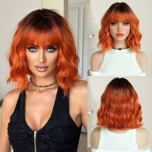 NAMM Short Wave Ombre Orange Bob Wigs For Women Synthetic Curly Wavy Wig With Bangs Dark Root, Heat-Resistant Fiber Costume Wig For Halloween Party Wear, Carnival & Cosplay Use 12 Inch ( Burgundy, Blue ) - Multicolor - View 13