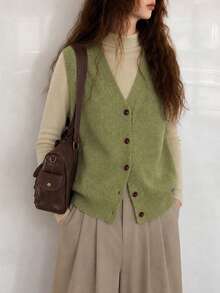 Women's Autumn Casual Minimalist Solid Color Versatile V-Neck Knit Cardigan Vest Fall - Olive Green - View 1