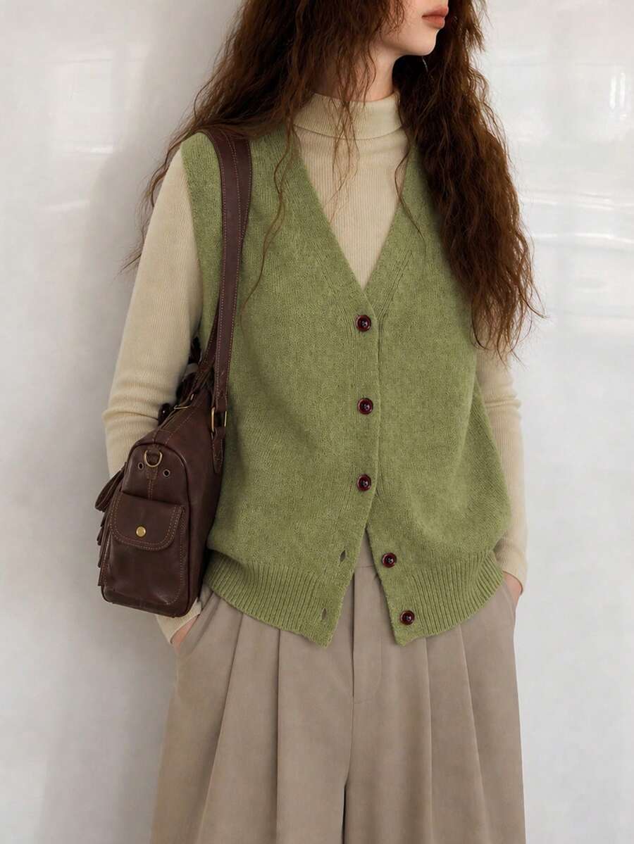 Women's Autumn Casual Minimalist Solid Color Versatile V-Neck Knit Cardigan Vest Fall - Olive Green - View 1