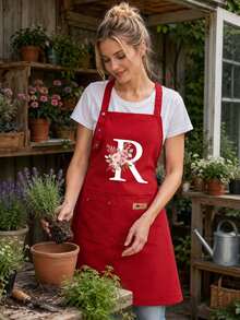 Red Floral A-Z Letter Print Apron With Pockets, Adjustable Neck Strap, Suitable For Baking, Housewarming, Holiday Gifts, Back To School, Home, Dorm Kitchen Accessories, Thanksgiving Cooking Apron, Christmas Housewarming Gift - Multicolor - View 7