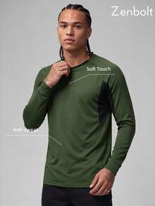 Zenbolt Men's Colorblock Raglan Sleeve Slim Fit Sports T-Shirt, Long Sleeve Crew Neck Workout Athletic Top,For Training Outdoor Sports Wear - Army Green - View 1