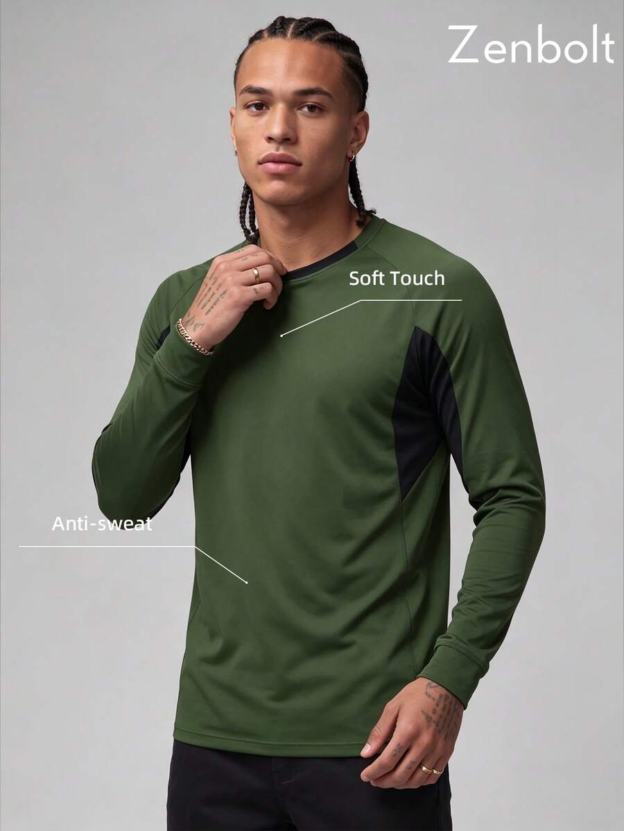 Zenbolt Men's Colorblock Raglan Sleeve Slim Fit Sports T-Shirt, Long Sleeve Crew Neck Workout Athletic Top,For Training Outdoor Sports Wear - Army Green - View 1
