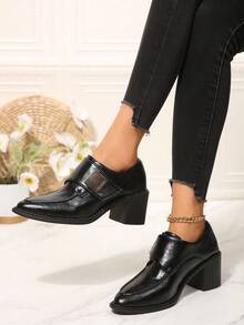 Women's Textured Stitching Square Metal Decor Minimalist Solid Color Pointed Toe Strap Loafers With Block Heel, Urban Commute Business Meeting Cocktail Party Date Spring Autumn Black Shoes - Black - View 3