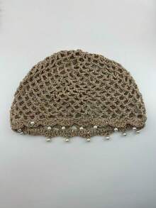 1pc Vintage Bohemian Crochet Hair Hat With Pearl Pendant, Hollow Mesh Beach Vacation Hat - B - View 11
