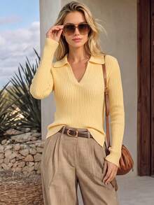 NiceArt Women's Vintage Knitted Polo Pullover Sweater, Elegant Autumn/Winter Outfit, Renaissance Style, Suitable For Office, Social, Halloween - Yellow - View 6