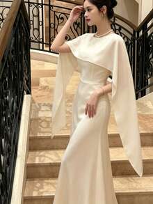 Women's Elegant Evening Shawl Gown, Formal Ball Party Long Dress Wedding Fall - Apricot - View 4