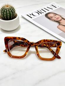 1 Pc Women Tortoise Print Cat Eye Metal Stud Blue Light Glasses,Fake Eyewear,Slim Face Y2K Eyeglasses,Back To School Daily Glasses - A - View 3
