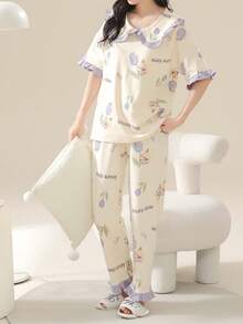 2pcs Cute Animal Print Patchwork Colorblock Ruffle Collar Short Sleeve Long Pants Pajama Set For Women - Apricot - View 5