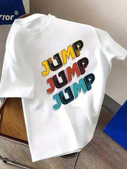 Camiseta para hombre de talla grande 100% algodón con letras creativas 3D "JUMP JUMP JUMP", cuello redondo, manga corta, cómoda y casual para verano, TALLA GRANDE El cosplay