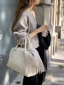 Women's V-Neck Knit Long Sleeve Sweater, Comfortable Apricot Regular Fit Pullover, Suitable For Autumn/Winter - Apricot - View 4