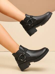 Women's Round Toe Chunky Heel Chelsea Ankle Boots With Metal Ring Buckle Decor, Cool Style, Autumn/Winter Daily Commute - Black - View 4